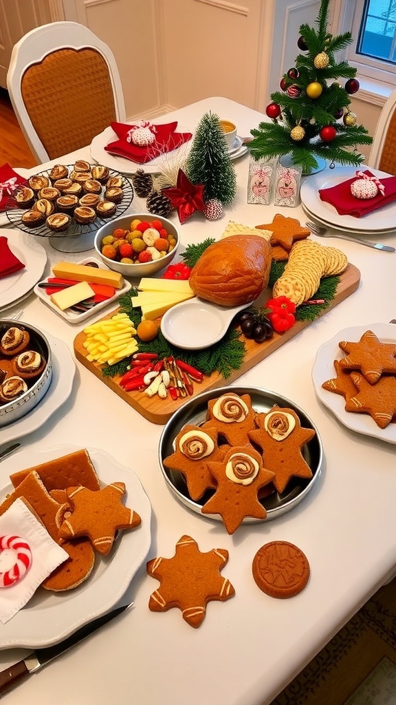 A festive Christmas party table with stuffed mushrooms, cheese platter, glazed ham, roasted vegetables, gingerbread cookies, and peppermint bark.